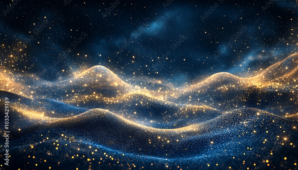 Poster a mesmerizing abstract landscape of shimmering waves in gold and blue, evoking a sense of magic and 