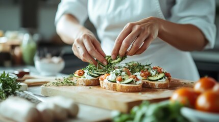 A chef adds finishing touches of herbs and zucchini slices on gourmet toast, perfectly balancing flavors and textures in an elegant and modern culinary environment.