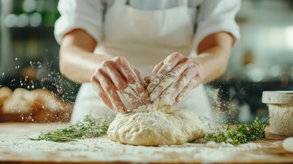 A pair of hands expertly kneads herb-infused dough, with flour dusting the workspace on a rustic wooden table, portraying mastery and a touch of tradition in baking.
