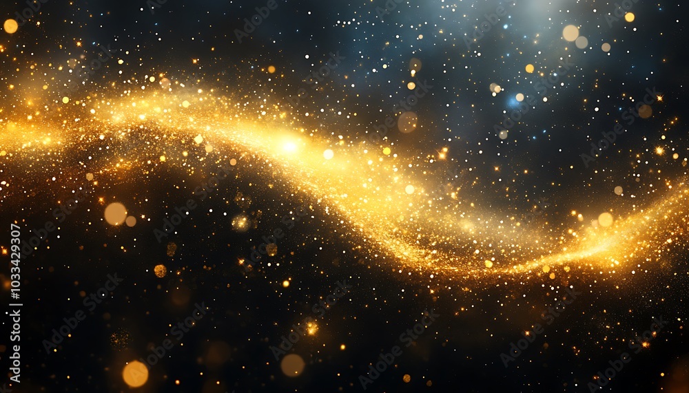 Aufkleber A shimmering wave of golden particles glides through a dark background, creating a magical and ethereal atmosphere.