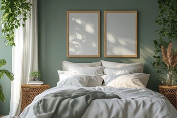 Stylish bedroom interior design with mock up poster frame, bamboo bed, night table, plants, folding screen and creative home accessories. Eucalyptus wall. Template. Copy, Generative AI