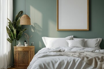 Stylish bedroom interior design with mock up poster frame, bamboo bed, night table, plants, folding screen and creative home accessories. Eucalyptus wall. Template. Copy, Generative AI