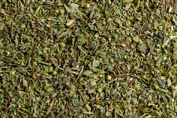 Dry Aromatic Herbs and Flavorful Spices Mix: A Culinary Canvas of Aroma Herb Seasoning. Textured Background for Gourmet Cooking. The Harmonious Combination of Dried Herbs and Spices - Top View