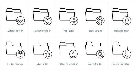 A set of 10 folder icons as verified folder, favorite folder, add folder