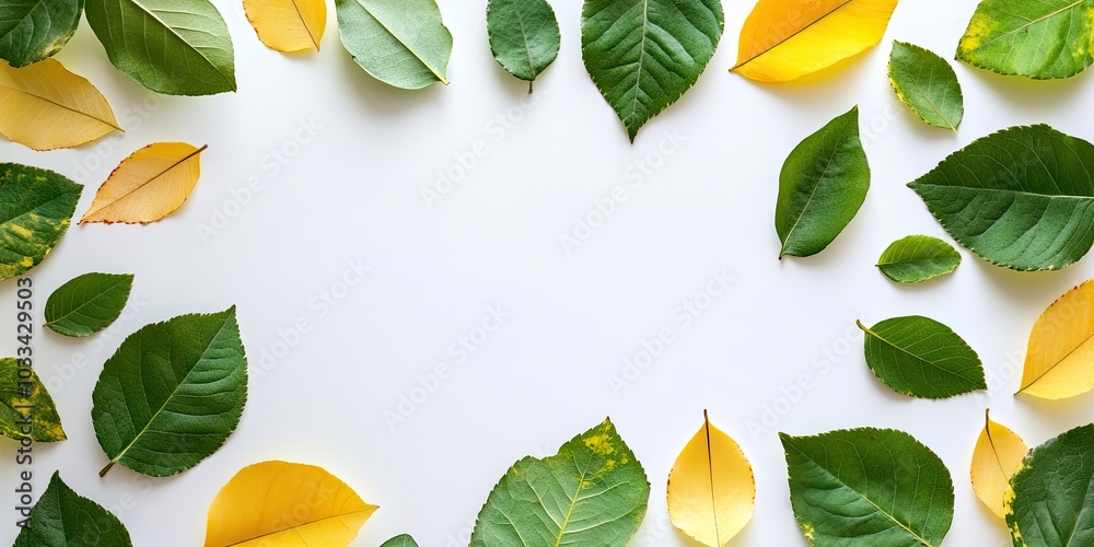 Aufkleber create a card using green and yellow leaves for an abstract background. nature concept, flat lay, co