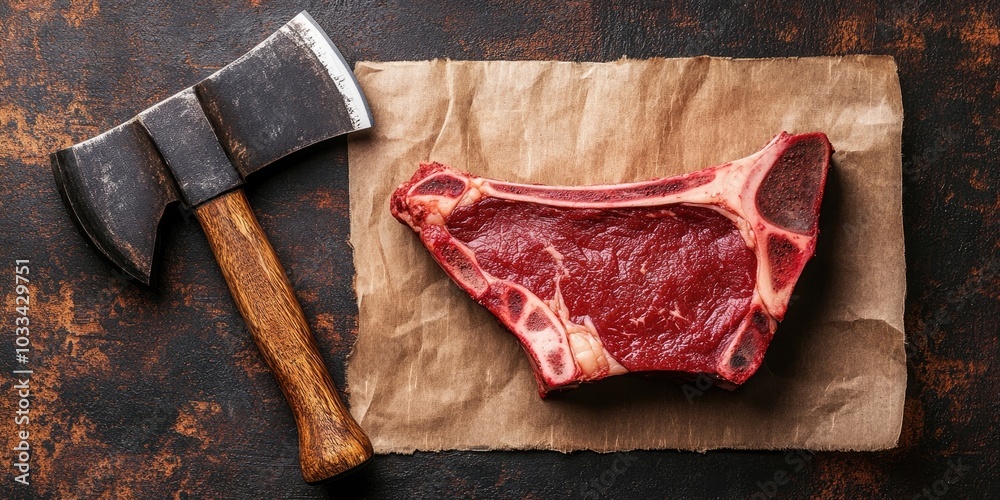 Poster raw t-bone steak alongside a hatchet. top view