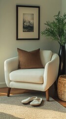 Naklejka premium A stylish reading nook featuring a cozy armchair with a brown pillow, a framed artwork on the wall, and a sleek black vase with greenery. A woven basket and slippers add a touch of comfort and