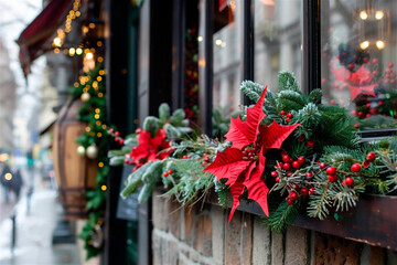 AI-generated photo with Christmas street outdoor decoration. On a winter city background