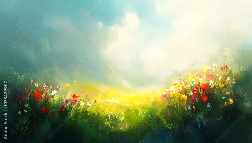Aufkleber a vibrant landscape filled with colorful flowers, bathed in soft light, creating a serene and idylli