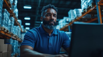 A focused warehouse worker uses a laptop in a storage facility, implying the blending of technology with logistics in modern distribution centers for efficiency.