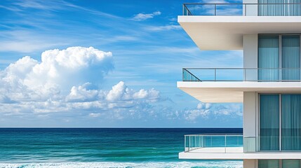 Modern white building with balconies overlooking the ocean with a bright blue sky and fluffy white clouds.