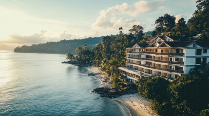 Luxury resort on a tropical beach with a view of the ocean and lush greenery.