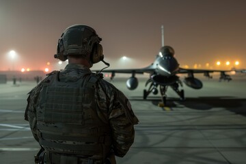 Ground crew member is standing on the tarmac at night, watching an f 16 fighter jet taking off