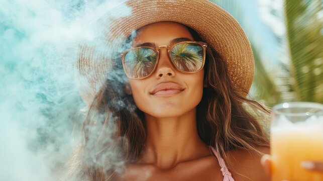 A woman in a wide-brimmed hat and sunglasses holds a refreshing orange drink, embodying the sunny and carefree vibes of a perfect tropical day.
