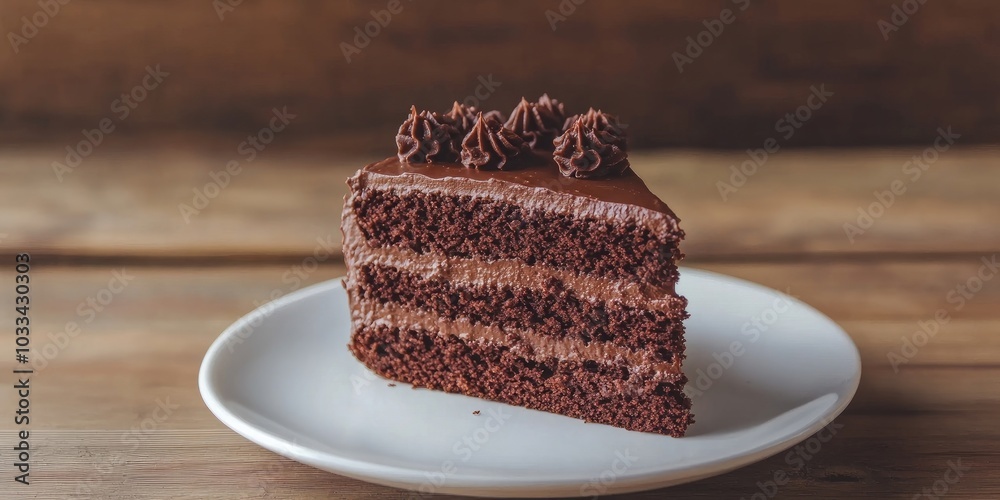 Poster a slice of chocolate cake is set on a white plate against a wooden background with copyspace.