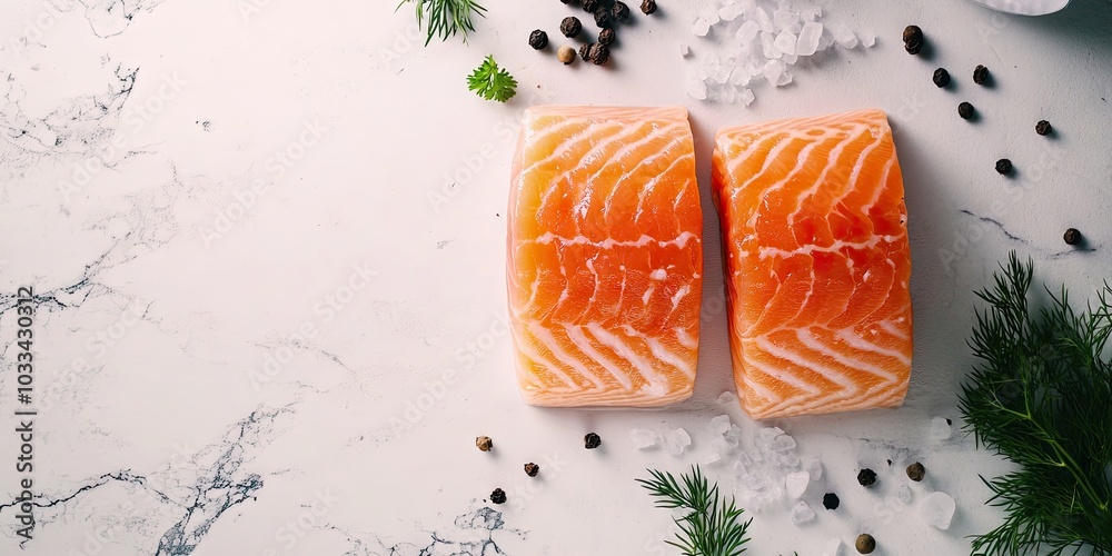 Poster An overhead image of two salmon slices on a white surface, featuring space for text, accompanied by salt, pepper, and dill sprigs.