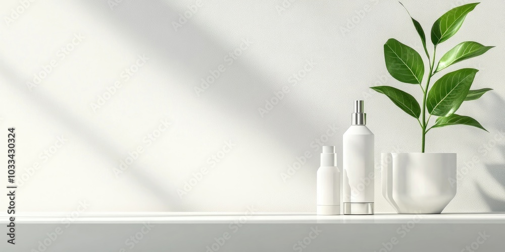Poster minimal product display stand featuring cosmetic bottles and a green plant branch. cosmetics display