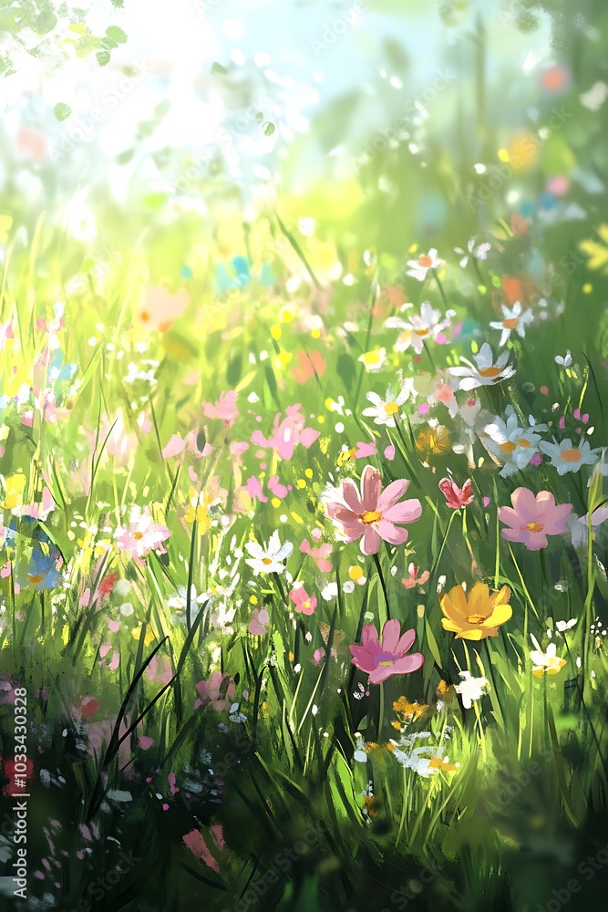 Aufkleber a vibrant field of colorful wildflowers bathed in soft sunlight, creating a serene and cheerful atmo
