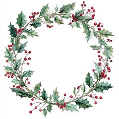 Fototapeta premium Festive holiday wreath adorned with holly leaves and red berries for seasonal decoration