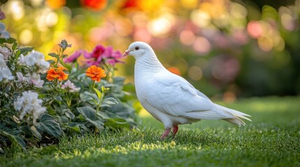 Obraz premium A white dove stands in a field of flowers, with a soft, colorful background of light.