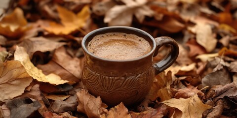 Ceramic cup filled with aromatic coffee brewed in a Turk, encircled by autumn leaves.