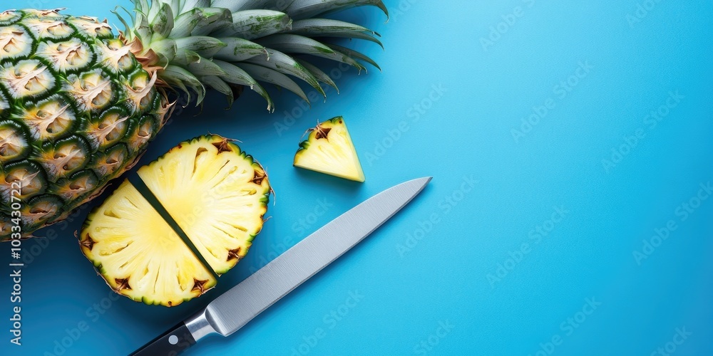 Poster pineapple sliced with a knife on a blue backdrop. vertical image. copyspace for design. summer food 