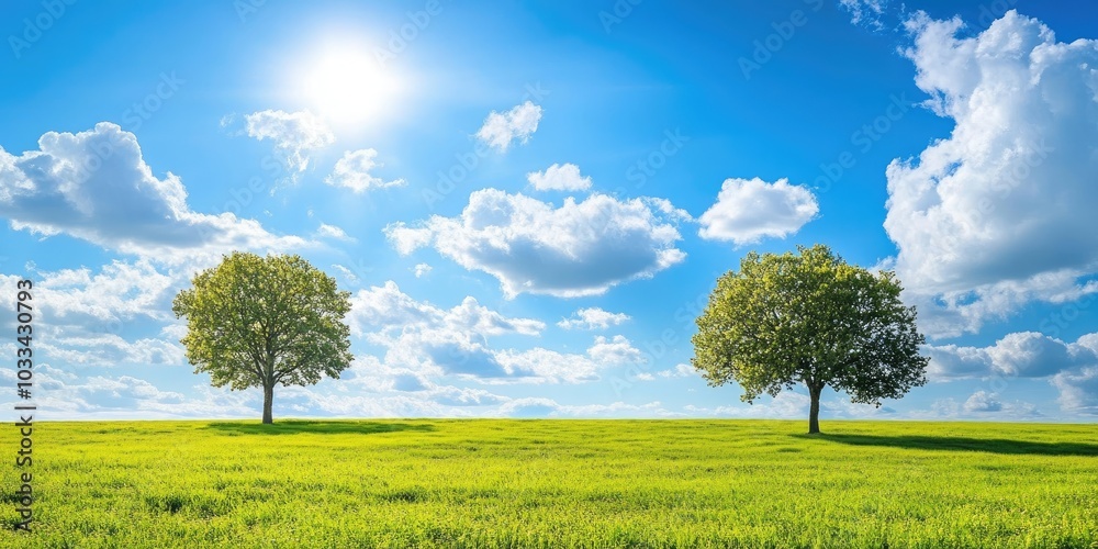 Aufkleber spring view of a picturesque landscape featuring a green meadow and two trees under a sunny blue sky