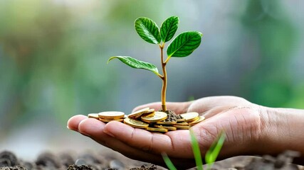 Growing investment: nurturing a small plant amidst golden coins on soil in nature