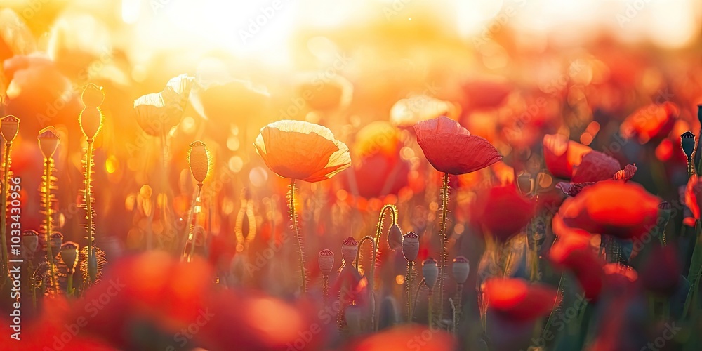 Poster Close-up in a poppy field with the sun. Concept of spring and summer nature background. Shallow depth of field with selective focus.
