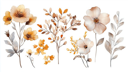 水彩画の花のイラスト - 野生の花、結婚式の招待状、挨拶、壁紙、ファッション、背景テクスチャ、ラッピング。黄色、白、シルバー、くすんだ色。