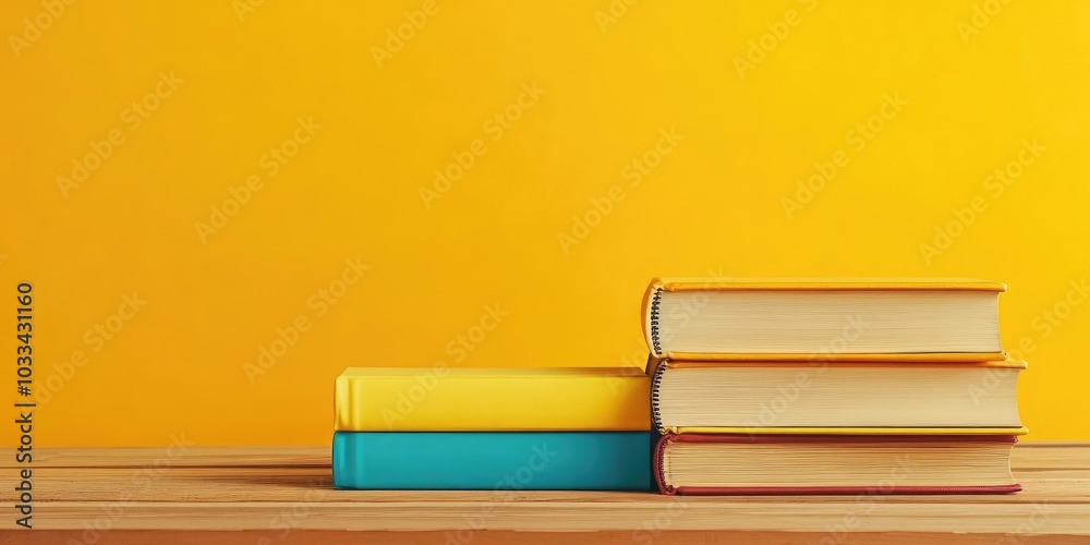 Poster Stack of books on a wooden table with a yellow background. copy space