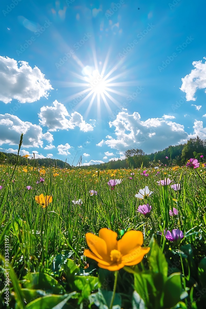 Poster A vibrant meadow filled with colorful flowers under a bright sun and scattered clouds, creating a serene and lively spring scene.