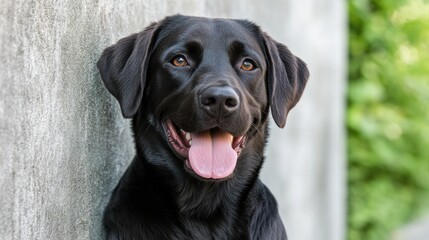 Happy Black Labrador Dog Against Gray Wall