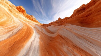 A breathtaking view of vibrant orange and white sandstone formations with smooth, flowing patterns, contrasting against the serene blue sky, capturing nature's artistry.