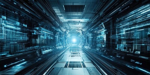 Fototapeta premium Creative Abstract Blue Technology Lines with a Wide Perspective and Low Angle, Showcasing Intricate Details and a Vision of the Future, Symbolizing Progress and Innovation for Advertising and Marketi