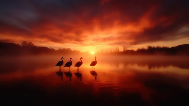 A serene sunrise on tranquil waters as silhouetted swans gracefully glide, creating a peaceful and harmonious scene that exudes a sense of calm and beauty.