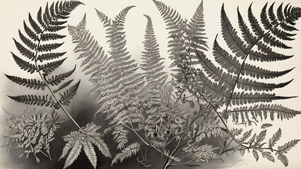 Detailed vintage botanical sketch of fern leaves, drawn in black and white with intricate shading, capturing the elegance of nature in a traditional art style.