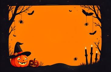 Halloween orange background with pumpkin and bats