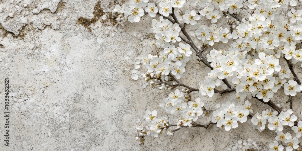 Poster Natural texture of blooming trees. Close-up of flowering trees providing a space for text. Background for a greeting card featuring white flowers and copy space.