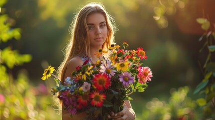 Fototapeta premium A photograph of a smiling young woman vibrant flowers, standing in a sunlit garden