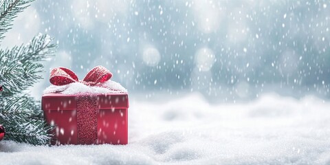 Christmas background featuring a red ornament gift box and fir tree in the snow. Merry Christmas and Happy New Year greeting card with copyspace. Holiday background for Christmas celebrations.