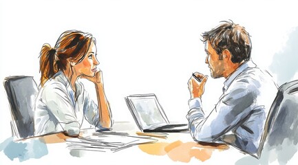 A focused discussion between colleagues in a modern office setting during a collaborative meeting, white background, watercolor 