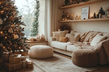 Amazing and cozy christmas living room interior with modular sofa, boucle armchair, wooden consola, candlestick, christmas tree, gifts, decoration and, Generative AI