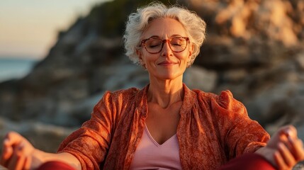 An elderly woman peacefully meditating by a serene rocky seashore during sunset, embodying tranquility, mindfulness, and inner calm in a contemplative outdoor setting.