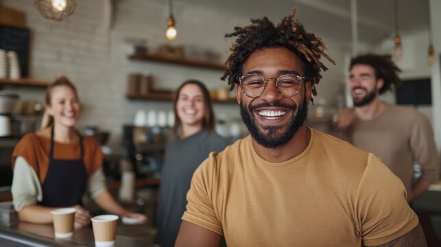 A group of friends enjoying a moment in a warm and inviting coffee shop setting, showcasing happiness, relaxation, and the joy of togetherness among diverse people.
