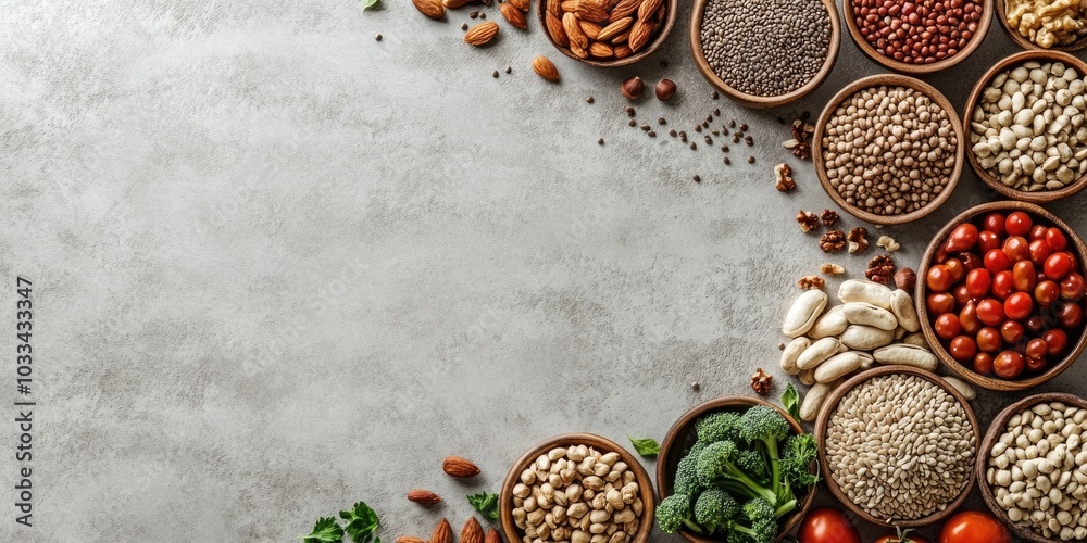 Poster keto diet. rows of vegetable seeds and nuts. clear space from a top view.