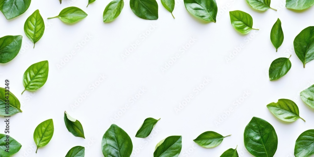 Poster green leaves pattern on a white background with copyspace.
