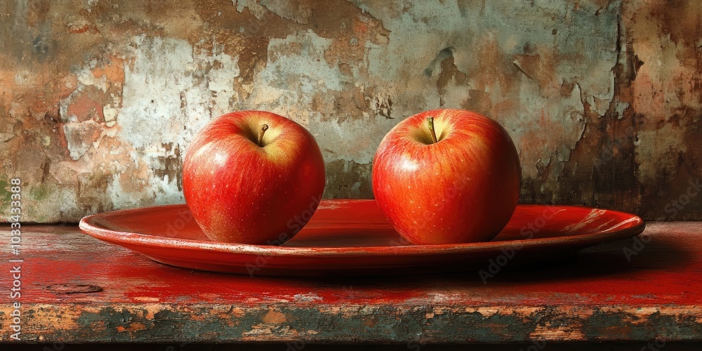 Poster Two ripe, red, delicious apples rest on a red plate. The background features a rustic style with weathered paint on canvas.