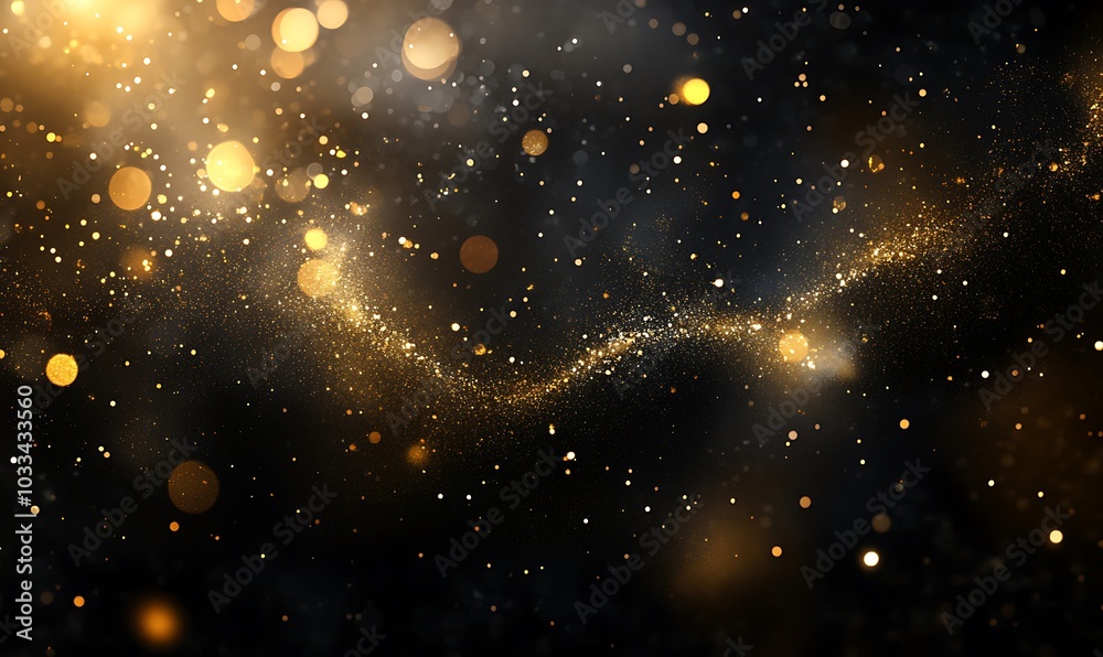 Poster a mesmerizing swirl of golden particles against a dark background, creating a sense of magic and mys