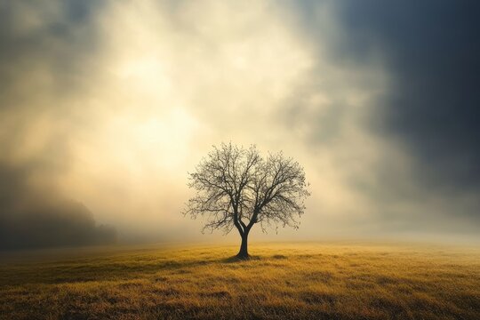 A lone tree stands in a misty field at sunrise, with a bright glow behind it.